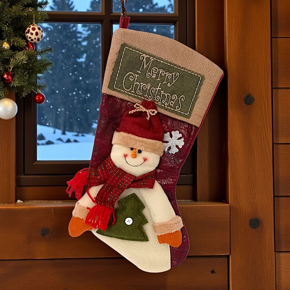 3D Snowman Plush Christmas Stocking Felt Merry Christmas Embroidery Farmhouse